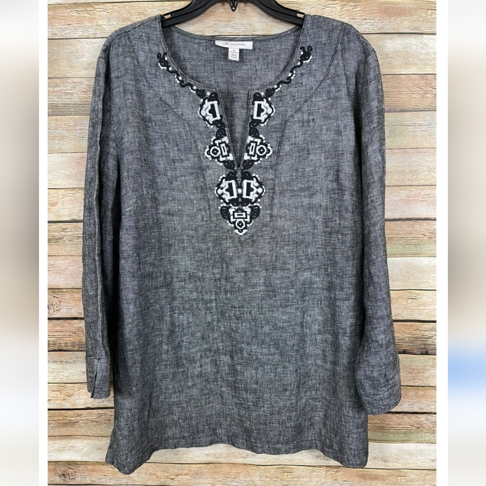 JM Collection Embroidered Linen Tunic Size 16